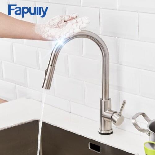 Fapully High Arc Brushed Nickel Touch Control Sensor Kitchen Faucet Pull Out Cock Mixer Pull Down Smart Kitchen Sensor Faucet