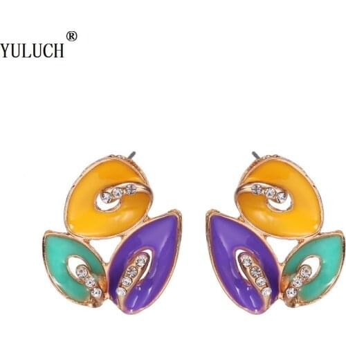 YULUCH New Design Stud Earrings Multicolor Planting Leaf Crystal Stud Earrings For Woman Girls Party Wedding Fashion Jewelry