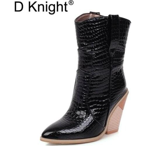 Autumn New Fashion Women Ankle Boots Wedges Chic Patent Leather Pointed Toe Ladies Short Boots Big Size 43 Womens Shoes Winter