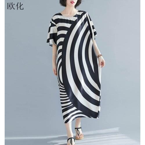 2020 Summer New Batwing Sleeve Women Dress Plus Size Striped Loose Satin Maxi Dress Vintage Robe Female Sundress Vestidos Femme