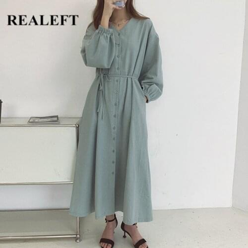 REALEFT Autumn 2021 New Womens Long Shirt Dresses Lace Up Single Breasted Lantern Sleeve V-Neck Korean Loose Chic A-Line Dress