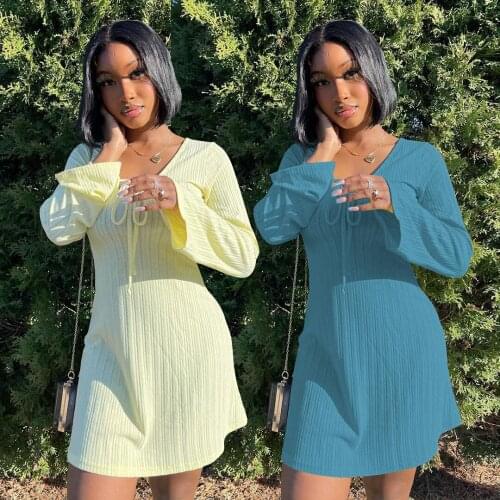 Autumn Winter Women Casual Short Dresses Sexy Hollow Out Lace-up V-Neck Long Sleeve Ribbon Dress Woman Mini A Line Dress Vestido