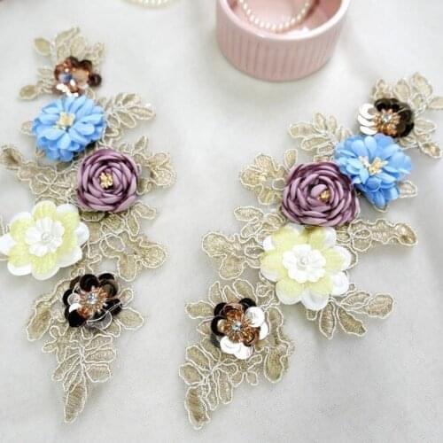 1 Pair 3D FlowerAlencon Corded Gold embroidery Bridal Applique with Sequins for Illusion bodice Head Scarf Sashes or Millinery