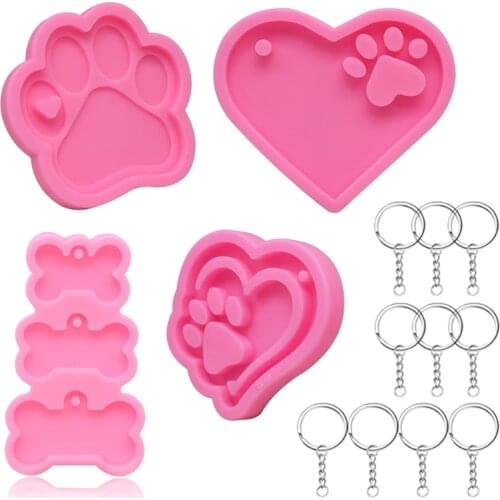 2021 4 Pieces Dog Paw Silicone Moulds with 10pcs Keyrings Heart Dog Paw Dog Bone Shape Epoxy Resin Mold DIY Crafts Jewelry Mold