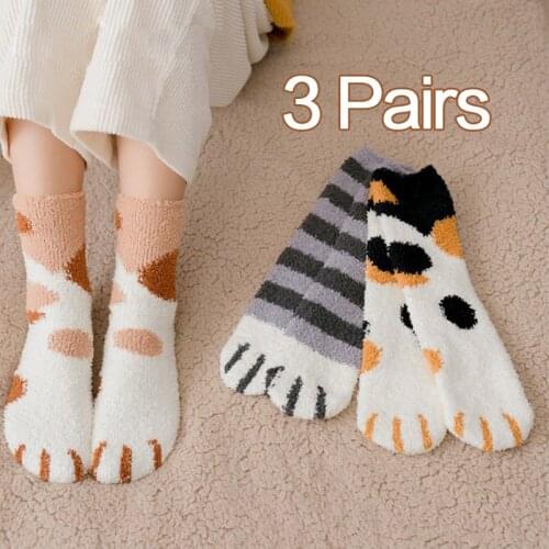 3 Pairs Women Winter Warm Cat Paw Socks Cute Cartoon Animal Soft Velvet Funny Sock Kawaii Fashion Floor Happy Fuzzy Fluffy Socks