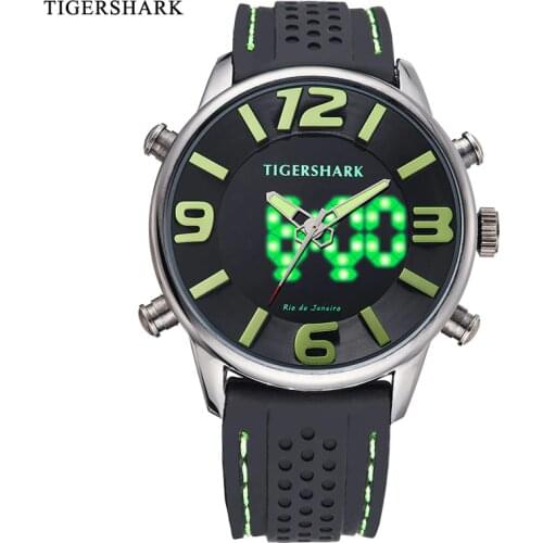 TIGERSHARK Fashion Sport Watch Men Auto Date Rubber Band Digital Quartz Watches Green Color 30M Waterproof Relogio Masculino