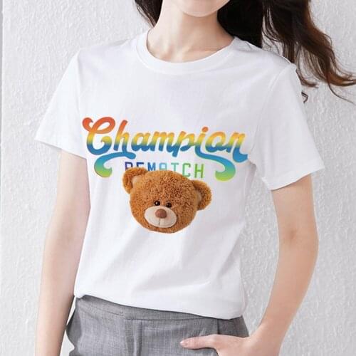 Summer Womens Fashion Simple Cute Teddy Bear Print T-shirt Round Neck Ladies T-shirt All-match Soft Commuter Wear Short Sleeve