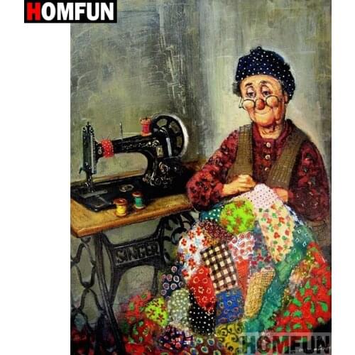 Homfun Full Square/Round Drill 5D DIY Diamond Painting "Old man sewing machine"3D Embroidery Cross Stitch Home Decor A09413