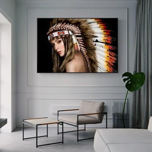 Indian Pretty Girl Wall Art Canvas Prints Modern Girl With Feather Wall Posters And Prints Art Canvas Paintings For Living Room