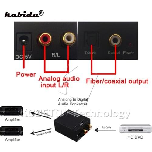 Kebidu Black Analog to Digital Signal Audio Sound Adapter ADC Converter Optical Coaxial RCA Toslink SPDIF Adaptor TV