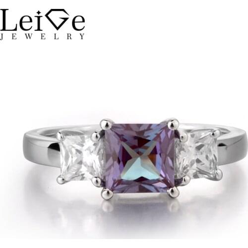 Leige Jewelry Alexandrite Ring Silver 925 Jewelry Princess cut Wedding Engagement Color Change Rings Romantic gift for Women