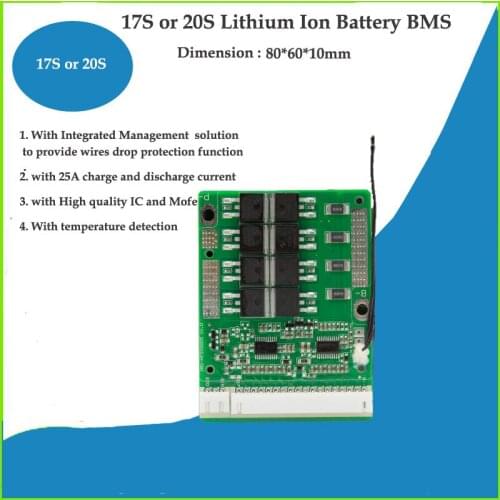 17s or 20S Li ion 72V Battery BMS with 25A constant charge and discharge current for 84V Battery Pack PCB circuit board