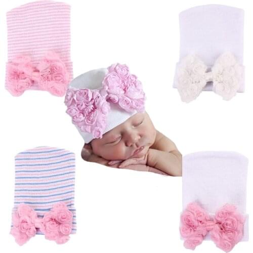 Cute Newborn Baby Infant Girl Comfy Bowknot Flowers Hospital Cap Warm Beanie Hat