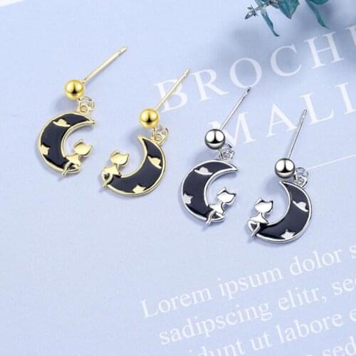 2020 Cute Cat Clouds Black Moon Stud Earrings For Girl Fashion Jewelry 925 Silver Earring Women Party Accessories Gifts KOFSAC