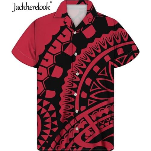 Jackherelook Red Polynesian Tribal Samoa Brand Design Cuban Guayabera Summer Beach Men Hawaiian Shirts Loose Short Sleeved Tops