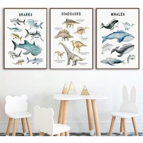 Canvas Art Print Education Wall Picture Nordic Poster Dinosaurs Whale Shark Marine Animal Nursery Painting Baby Kids Room Decor