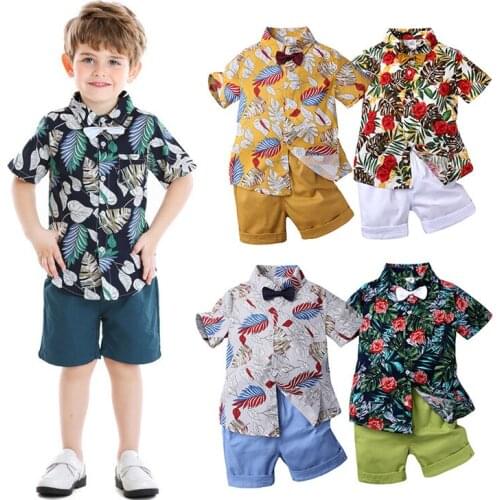 1-7Y Boys Clothing Sets Summer Baby Boys Clothes Suit Gentleman Wedding Shirt +Shorts 2pcs for Beach Boys Banana Leaf Print Set