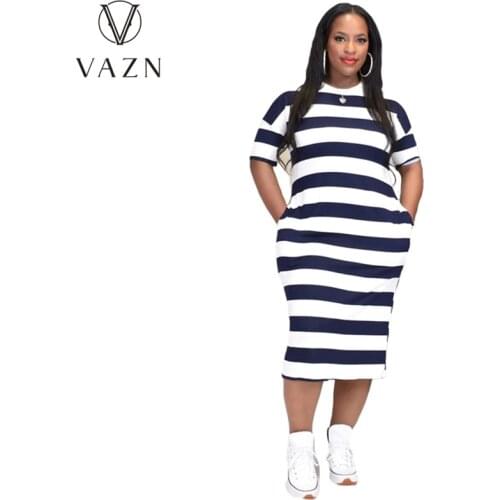 VAZN 2021 Spring Plus Size Classic Striped Elegant Sexy Young Office Short Sleeve High Waist Top Women Pencil Midi Dress