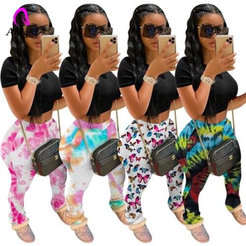 Tie Dye Print High Waist Stacked Sweatpants Women Joggers Elastic Sexy Legging 2020 Bottoms Trouser Fitness Ruched Pants Outfits