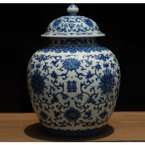 Hand-painted Yuan Dynasty Style Blue and White Wrapped Branch Double "Xi" Characters Ceramic Tea Container