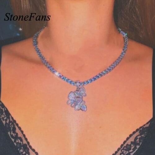 Stonefans Shiny Rhinestone Three Butterfly Pendant Necklace Bling Hip Hop Tennis Chain Crystal Choker Necklace Vintage Jewelry