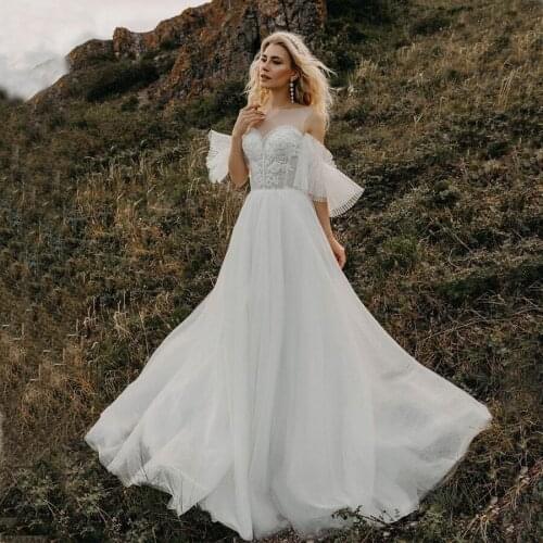 Sheer O-neck Lace Appliqued Tulle A-line Wedding Dress 2020 Button Back Sweep Train Tulle Bridal Gowns abiti da sposa