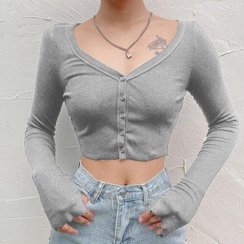 Long Sleeve Knitted T-shirt White Cropped Tops Sexy Fashion solid clothes Autumn vintage Skinny Crop top Casual Button V-Neck