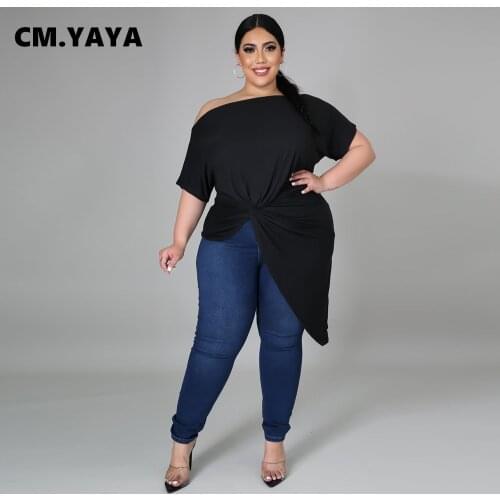 CM.YAYA Women T-shirts Plus Size L-5XL Solid Skew Collar Short Sleeve Asymmetrical Long T-shirts Female Casual Street Top Tee