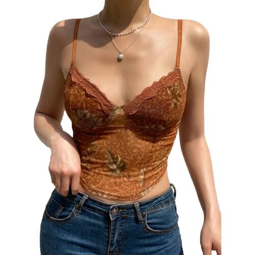 Women’s Fashion Mesh Yarn Print Camisole Sexy Lace Trim V-neck Exposed Navel Suspender Tops