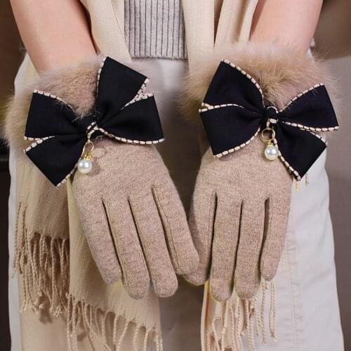 Women Winter Wool Warm Gloves Add Cashmere Thicken Bow Pearl Decoration Touch Screen Female Gloves Elegant Plush Gloves