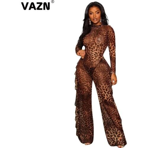 VAZN 2020 Autumn Hot Leopard High Quality Sexy Club Mature Style Full Sleeve Sweet Women High Waist Long Wide Leg Jumpsuits