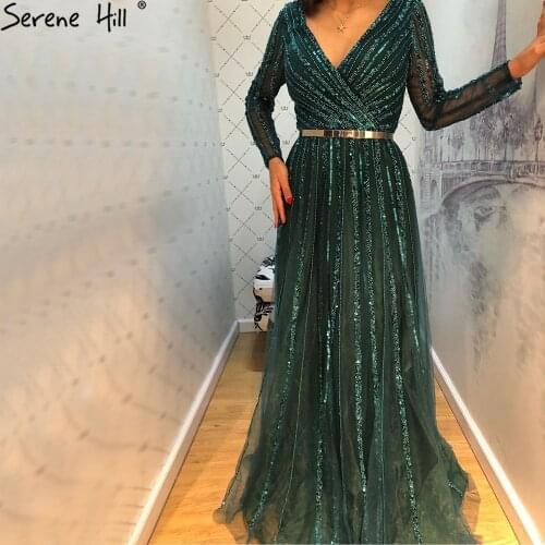 Serene Hill Green Luxury Elegant V-Neck A-Line Evening Dress 2021 Long Sleeves Beading Women Formal Party Wear Gown CLA70790