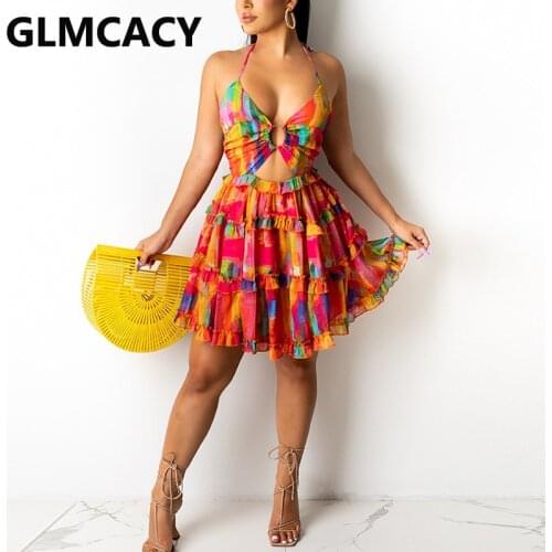 Halter Backless Abstract Printed Ruffles Mini Dress