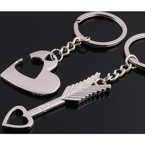 1 pair Hot Sale Silver Couple Heart Keychain Alloy Men Women Car Arrow Bow Love Keyrings Couples keychain for Gift
