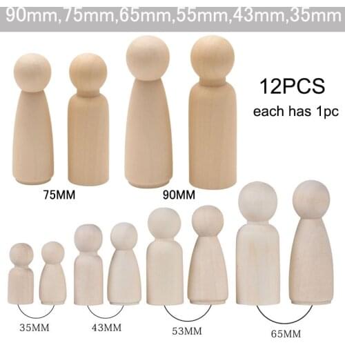 12PC (35mm-90mm) Wooden Peg Dolls DIY Home Nursery Decoration Boy Girl Dolls Wood Crafts Kids Room Decor Wood Dolls Pegdolls