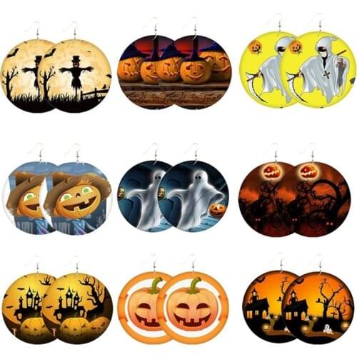 2021 Wholesale Hot Sale Halloween Wooden Earrings Jewelry Pumpkin Castle Bat Ghost Ear Hook Earrings