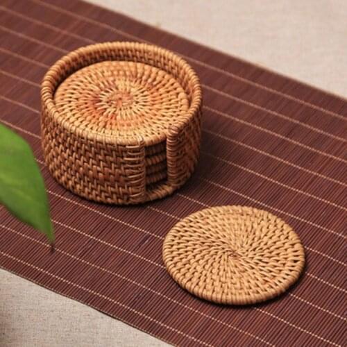 6 Pieces Autumn Rattan Cup Pads With Storage Box Set Iron Pot Insulation Pad Purple Sand Kettle Coasters