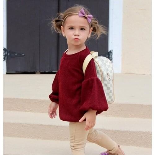 Burgundy girls clothing lanterns sleeves solid color ribbed cotton childrens ruffle T-shirt tops