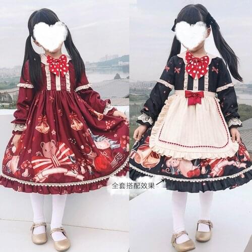 Kids Cute Ruffle Lolita Dress Japanese Kawaii Girls Maid Vintage Lace Bubble Dress With Apron vest hair band