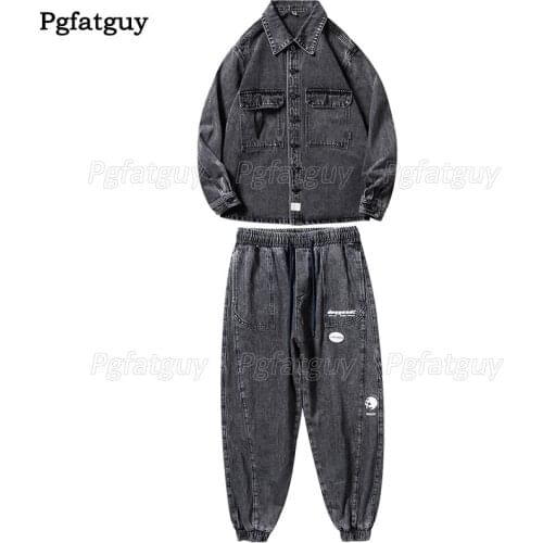 Size M-5XL Mens Jeans Sets New Autumn Winter Fashion Loose Long Sleeve Denim Jacket and Jeans 2pcs Set Black Gray Streetwear