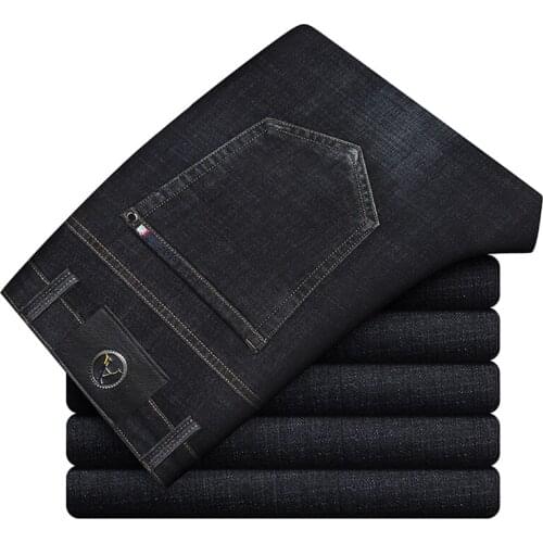 Men Stretch Straight Jeans Regular Fit Business Casual Anti-Theft Concealed Button Denim Trousers Male Autumn Winter Brand Pants