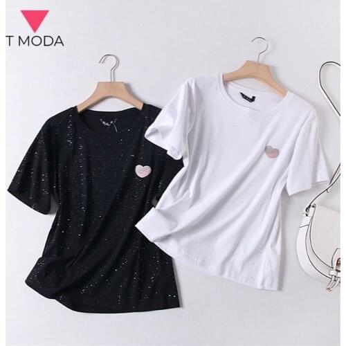 T MODA 2021 Summer Heart Embroidery Shining T Shirt Women Short Sleeve T-shirt White Tee Shirt Cotton Chic Tops Female Outwear