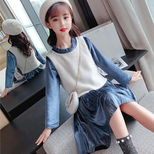 Fleece Girls Sets Teenage Girl Winter Clothing Set Children Vest and Dress 2 Pcs Suits Kids Christmas Clothes 4 6 8 10 12 14Y