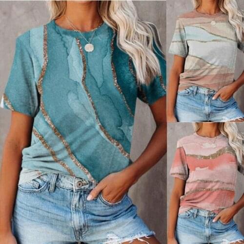 Kuelawear Printed T-shirt Round Neck Casual Short Sleeve Womens Fashion Casual Tops Pullover Summer Loose Ladies Tops Shirt