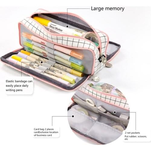 Mini Women Cosmetic Bag Portable Large Capacity Pencil Bag with Keychain Girls Students Office School Stationery Bag Pen Case