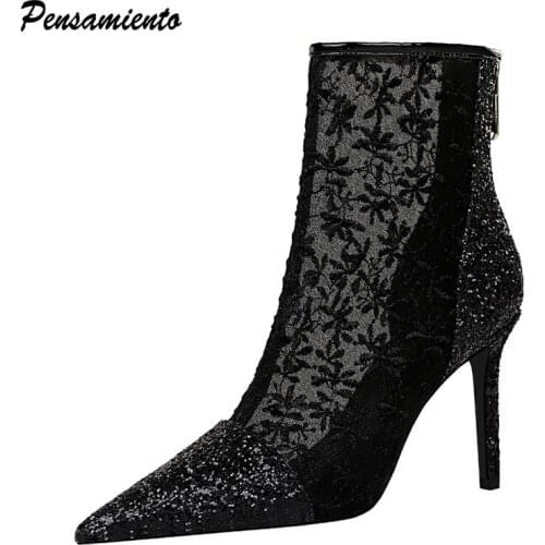 Fashion sequined embroidery Women Boots Elegant pointed toe stiletto heeled Ankle boots Spring Autumn Lace Female boots shoes
