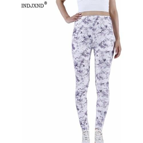 INDJXND Fashion High Waist Leggings Women Fitness Workout Pants Female Sportswear Feminine Clothes White Peony Printed Bottom