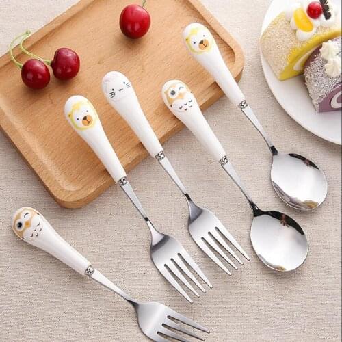 1pc Cartoon Cute Cat Fork Stainless Steel Long Handle Stirring Spoon Fruit Fork Coffee Spoon Ceramic Handle Food Picks