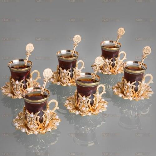 LaModaHome Turkish Arabic Tea Glasses Set of, Fancy Vintage Handmade Set for Serving, Teatime, new Home Wedding Gift Ahsen Gold Col