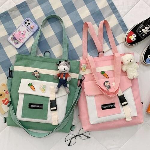 New Women Shoulder Bags Schoolbag Canvas Handbag Large Capacity Splicing Shopping Bag Backpack Cute Book Bags for Girls Handbags